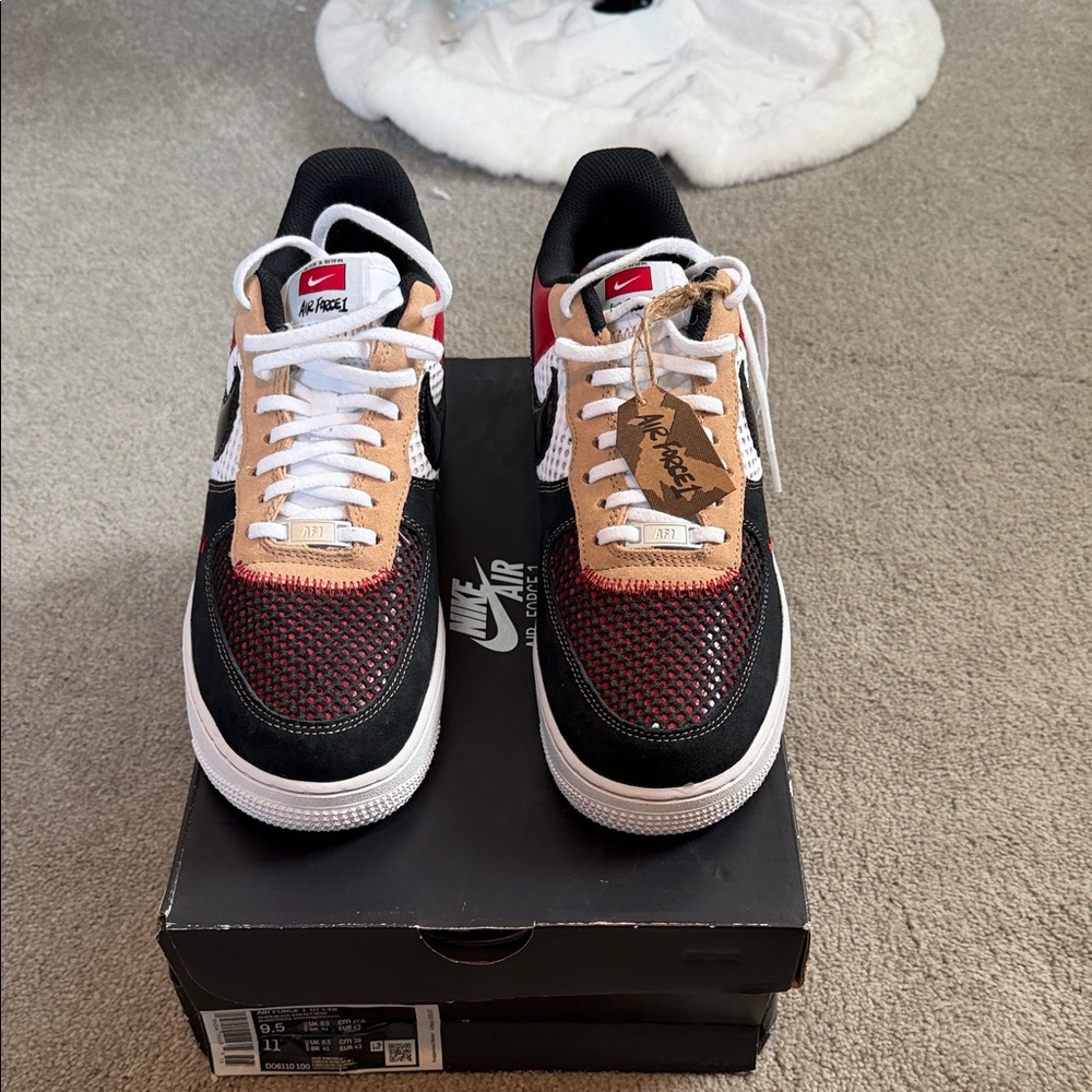 Nike Air Force 1 Low ‘07 LV8 Red Black Tan Sneakers - Picture 2 of 5